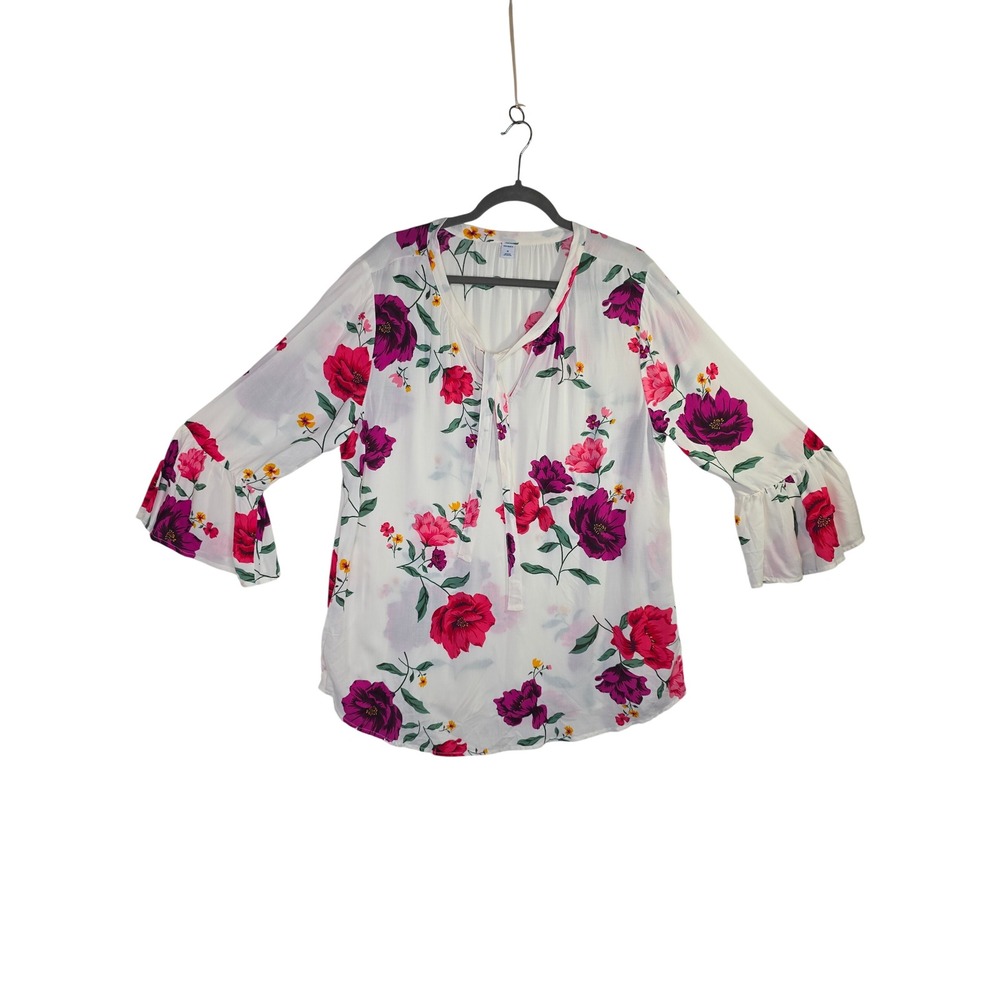 Old Navy NWT XL Floral Bell Sleeve Tie Neck Blouse White Pink Purple Boho‎ Sexy